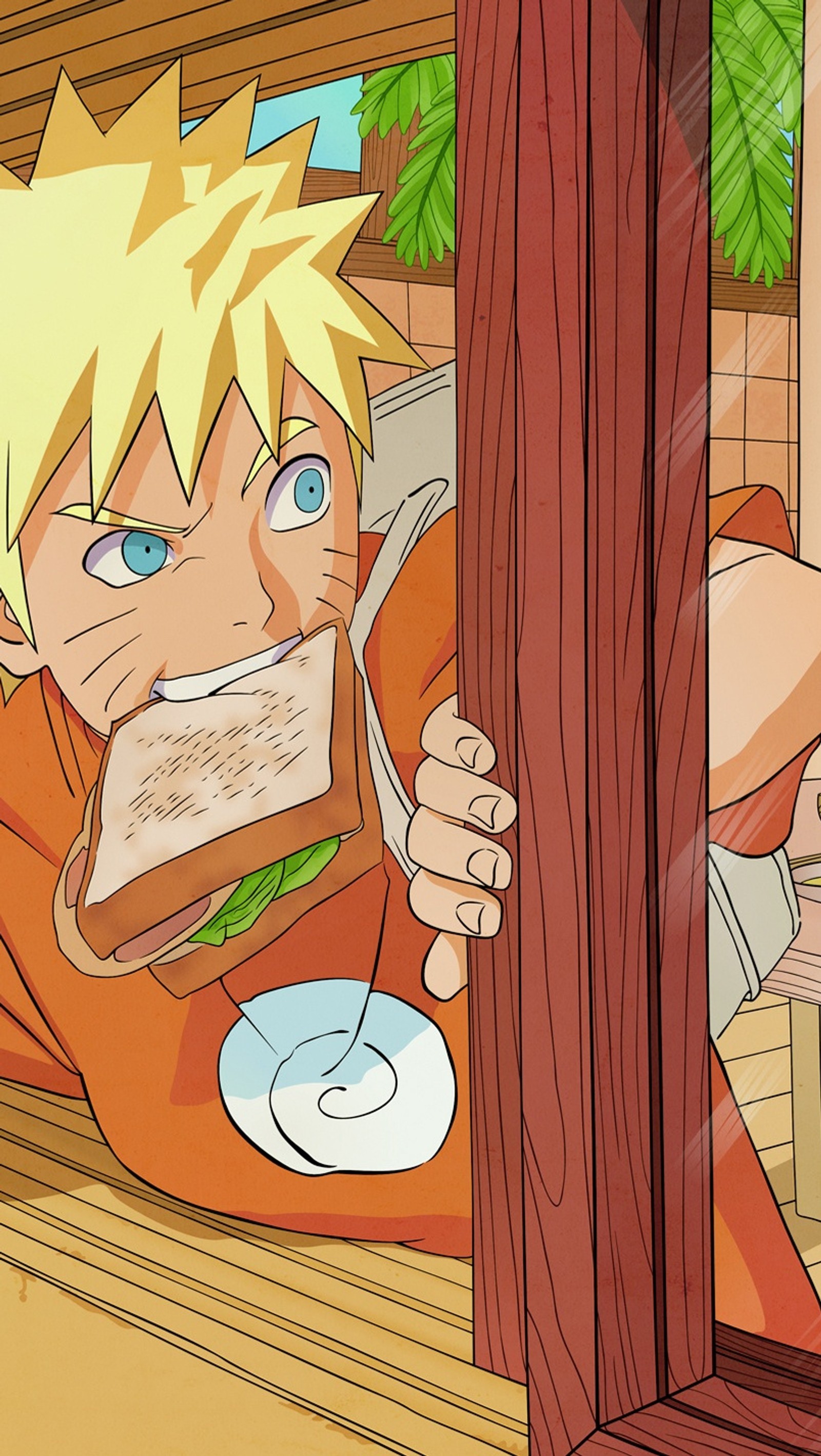 Anime-bild eines mannes, der mit einer gabel ein sandwich isst (anime, naruto)