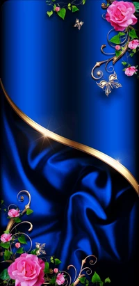 Royal Blue Satin with Golden Accents and Pink Roses