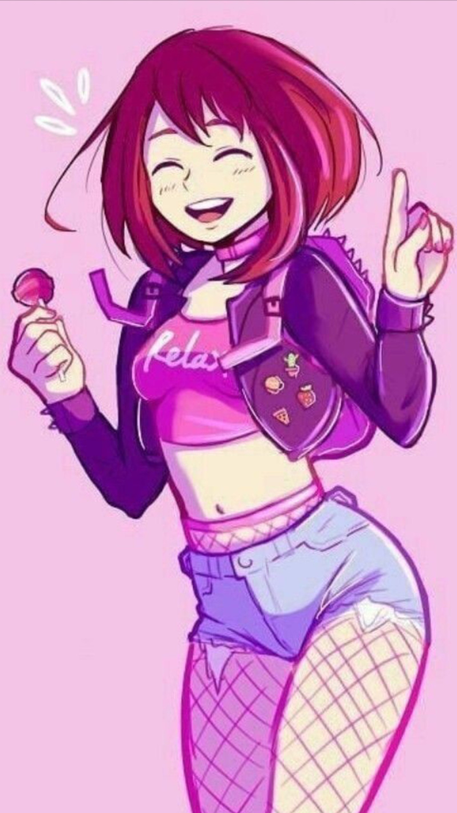 Um desenho de uma garota com uma blusa rosa e shorts azuis (bnha, my hero academia)