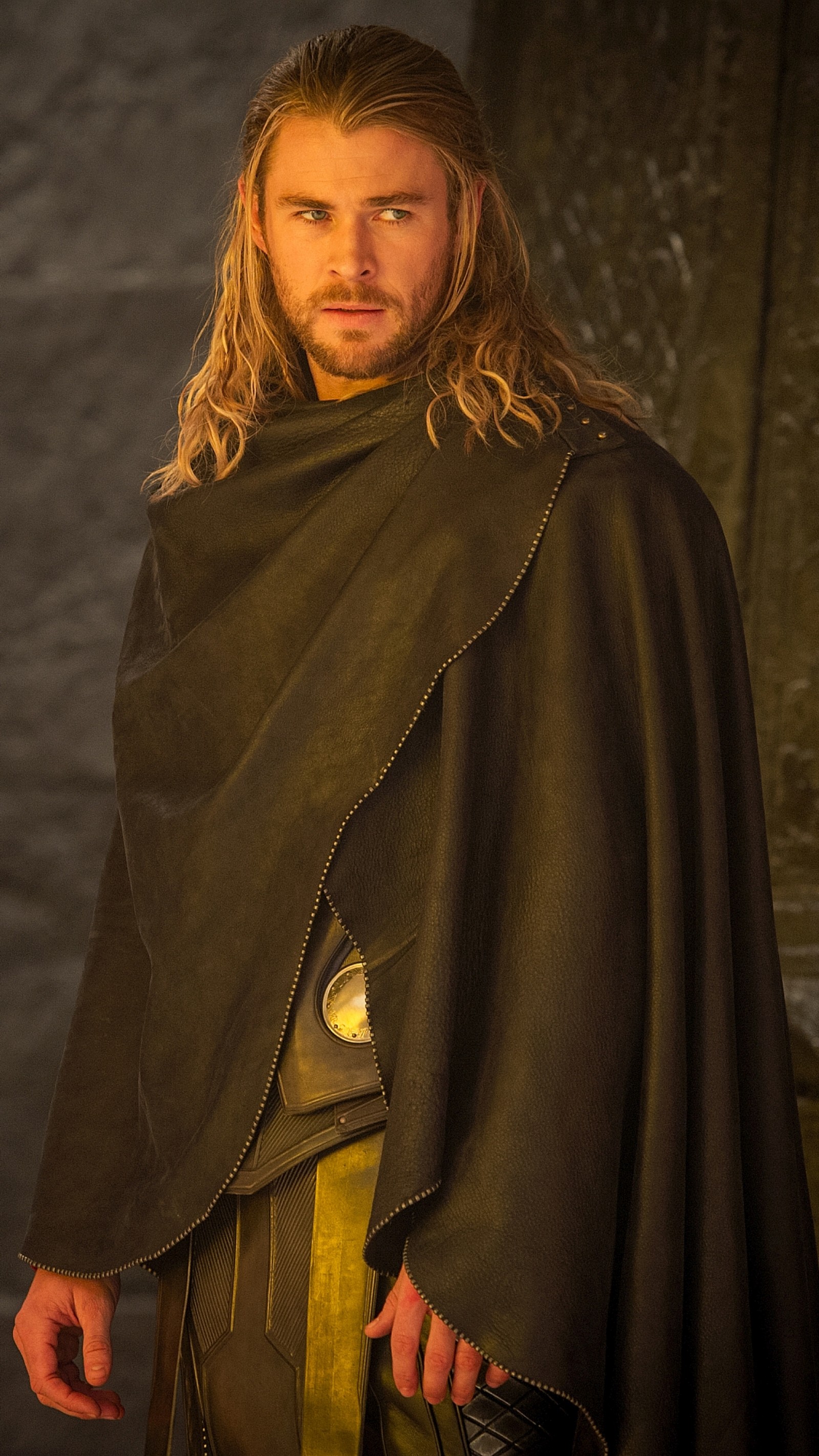 Arafed man with long hair wearing a cape and holding a sword (chris hemsworth, movie, poster, the dark world, thor)