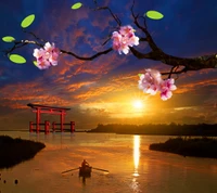 Pôr do sol sereno sobre a água com flores de sakura e um barco de pesca