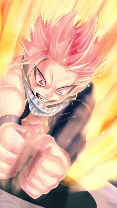 Natsu Dragneel libera poder flamejante em uma pose de batalha feroz.