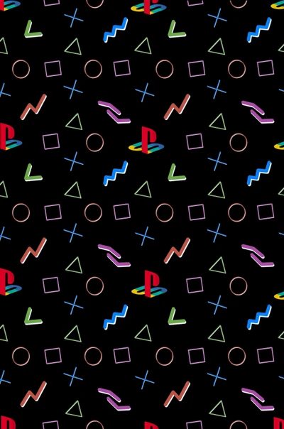 Funky 90er PlayStation-Logo-Muster mit verrückten geometrischen Formen