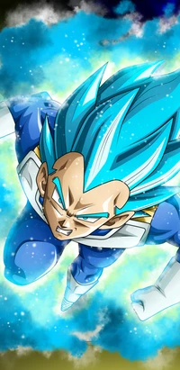 Vegeta en transformación Super Saiyan Blue en medio de energía cósmica