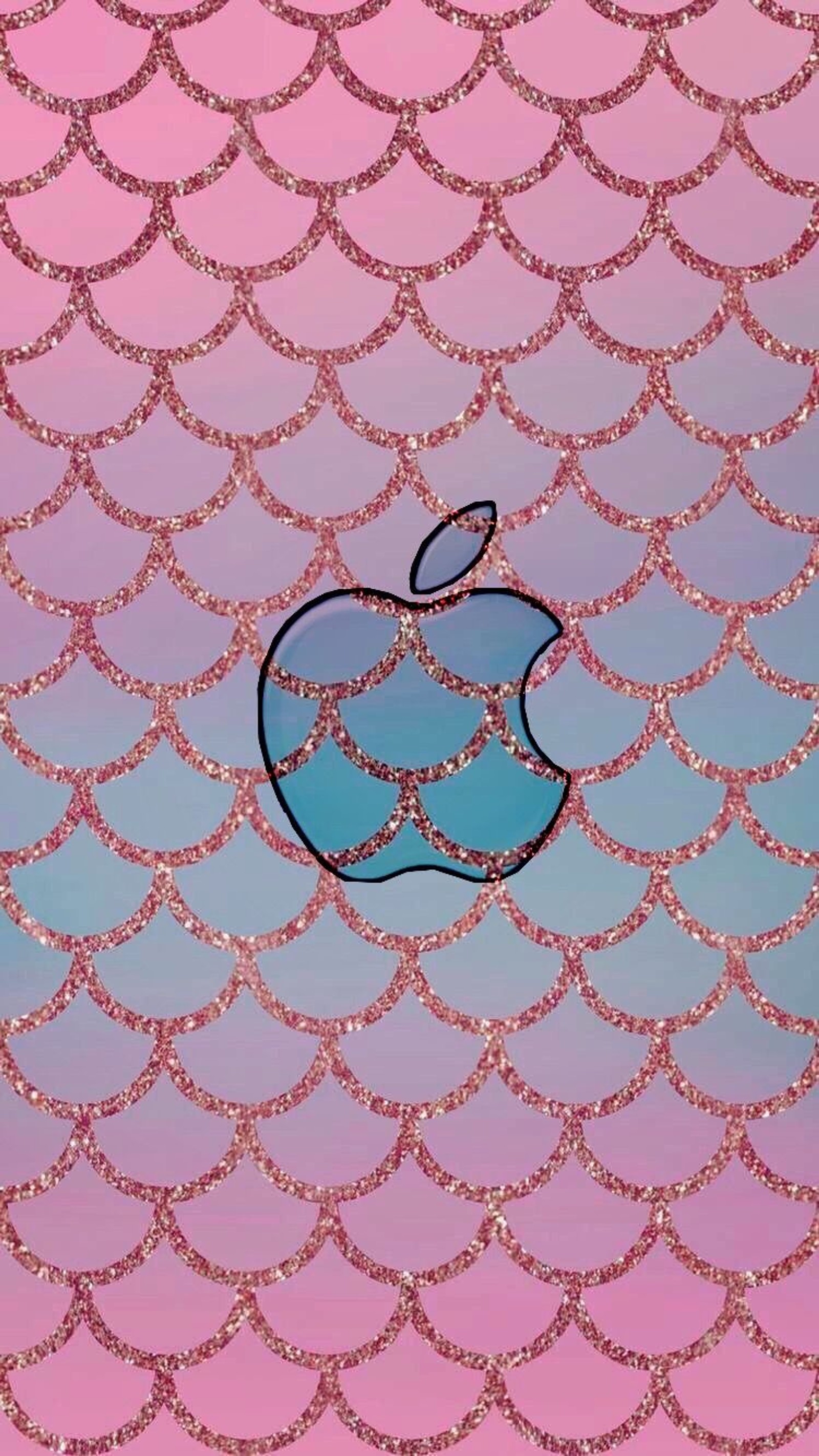 Logo apple pailleté sur un fond rose et bleu (pomme, bleu, couleurs, paillettes, iphone)