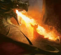 A fierce dragon unleashes a torrent of fire upon a cloaked figure, set against a backdrop of glowing embers and dark shadows.