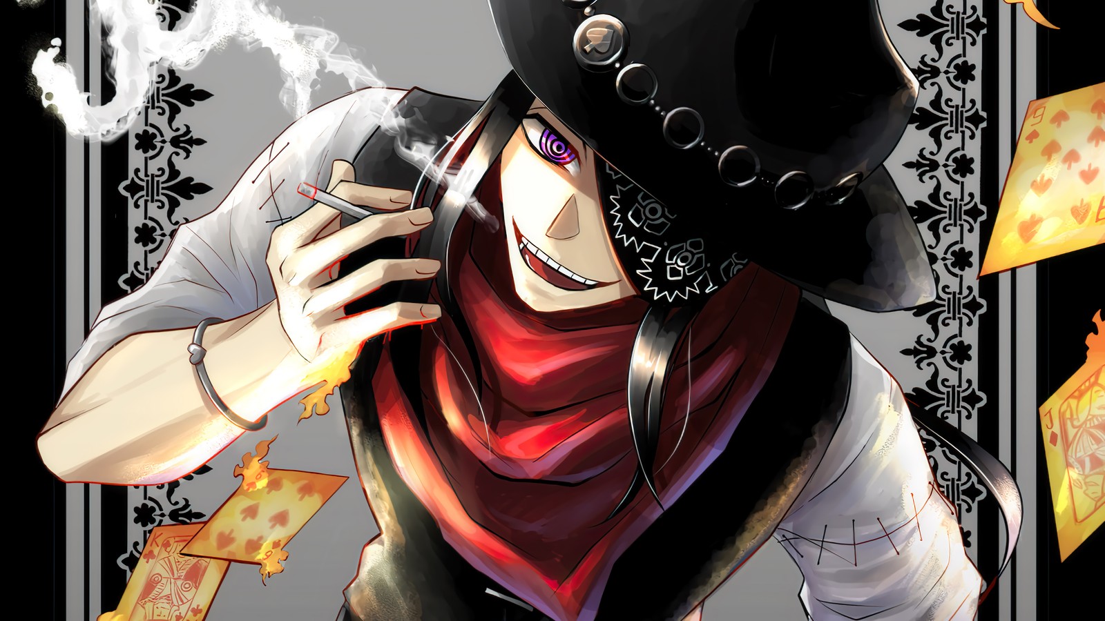 Personaje de anime con un sombrero y una bandana fumando un cigarrillo (fire force, anime, enen no shouboutai, 炎炎ノ消防隊, joker)