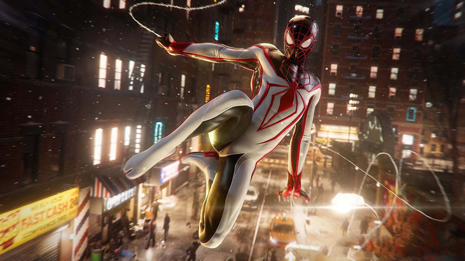 Spider-man en un costume suspendu au-dessus d'une ville la nuit (marvels spider man miles morales, playstation 5, jeux 2020, 2020 games, spiderman)