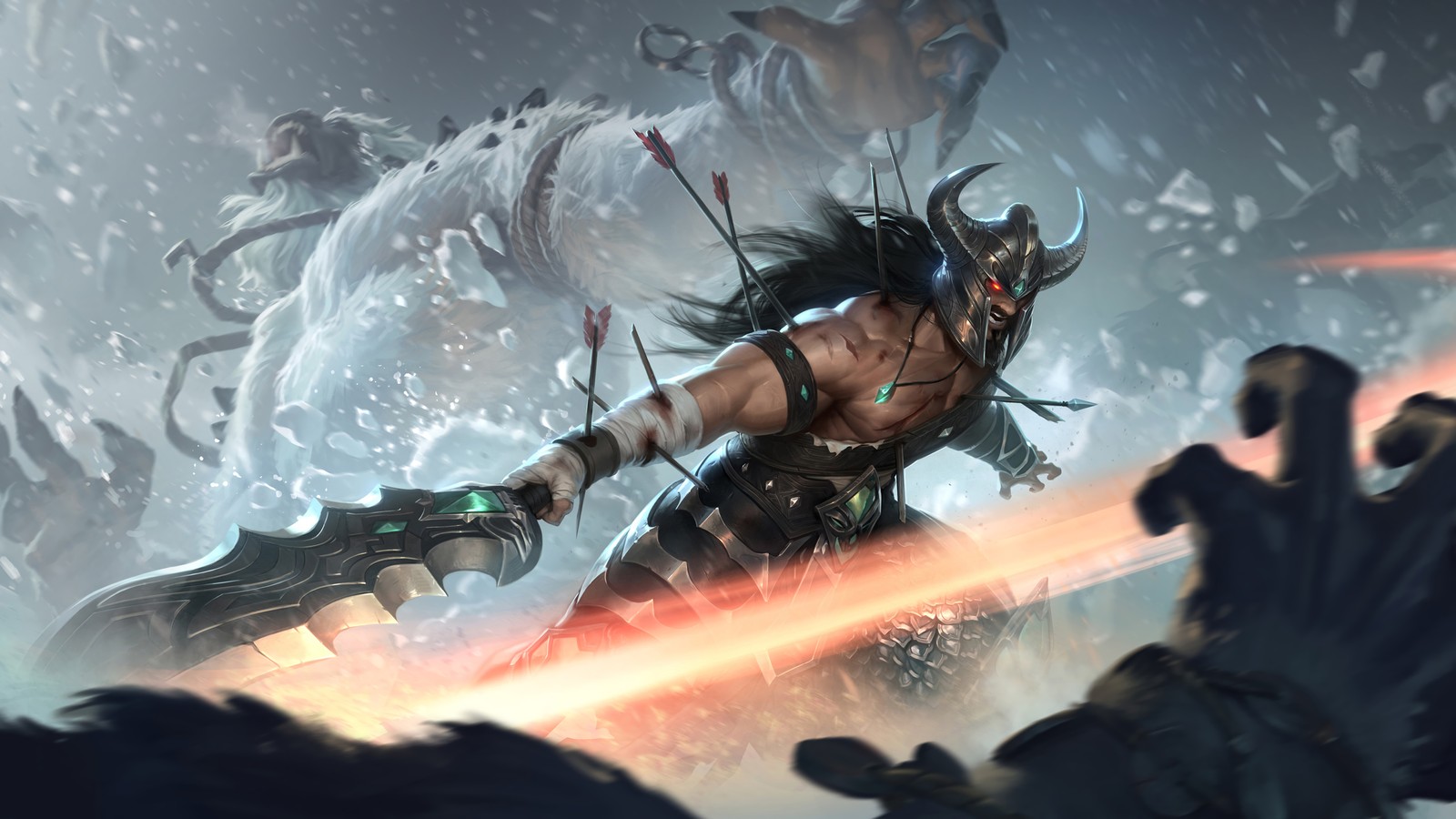 A close up of a person holding a sword in a snowy area (tryndamere, lol, league of legends, legends of runeterra, video game)