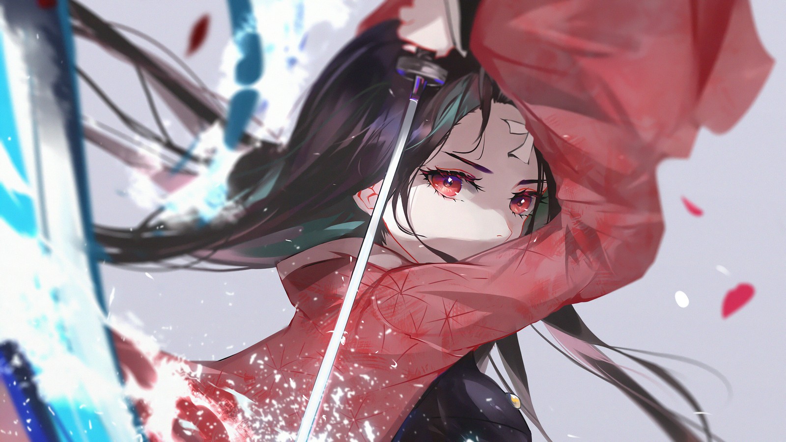 Fille anime avec de longs cheveux noirs tenant une épée et un parapluie rouge (nezuko kamado, kimetsu no yaiba, tueur de démons kimetsu no yaiba, demon slayer kimetsu no yaiba, anime)