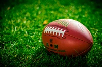 Close-up of a football resting on vibrant green grass, capturing the essence of American sports.