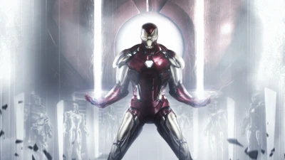 Iron Man in a futuristic setting, showcasing his powerful metal suit amidst a backdrop of advanced technology and robotic figures.