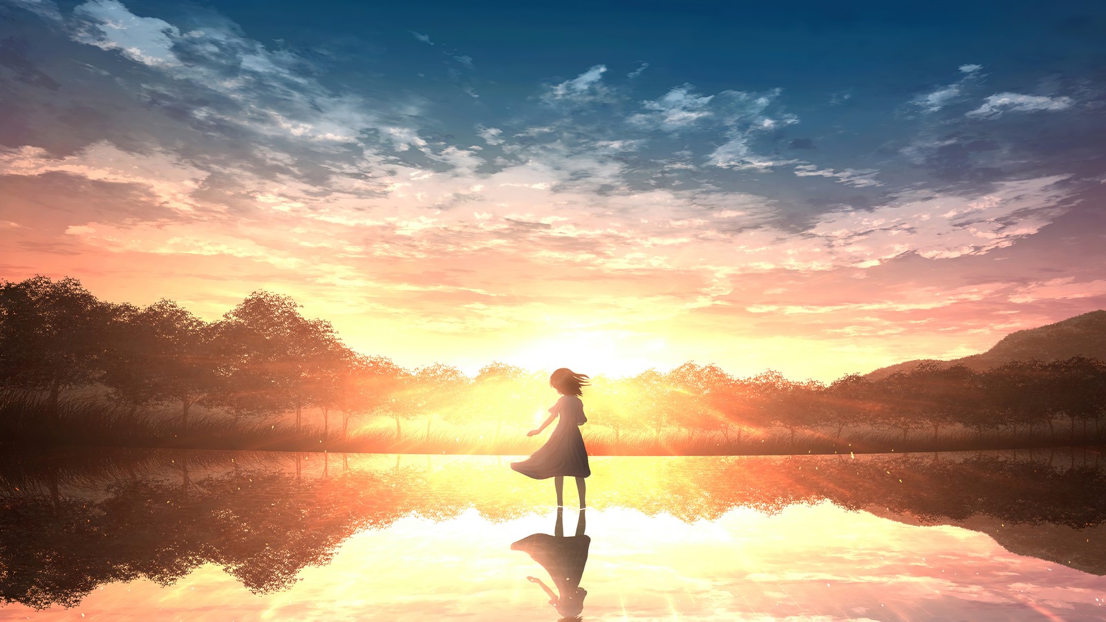 Uma mulher em pé na água com um pôr do sol ao fundo. (nascer do sol, anime, cenário)