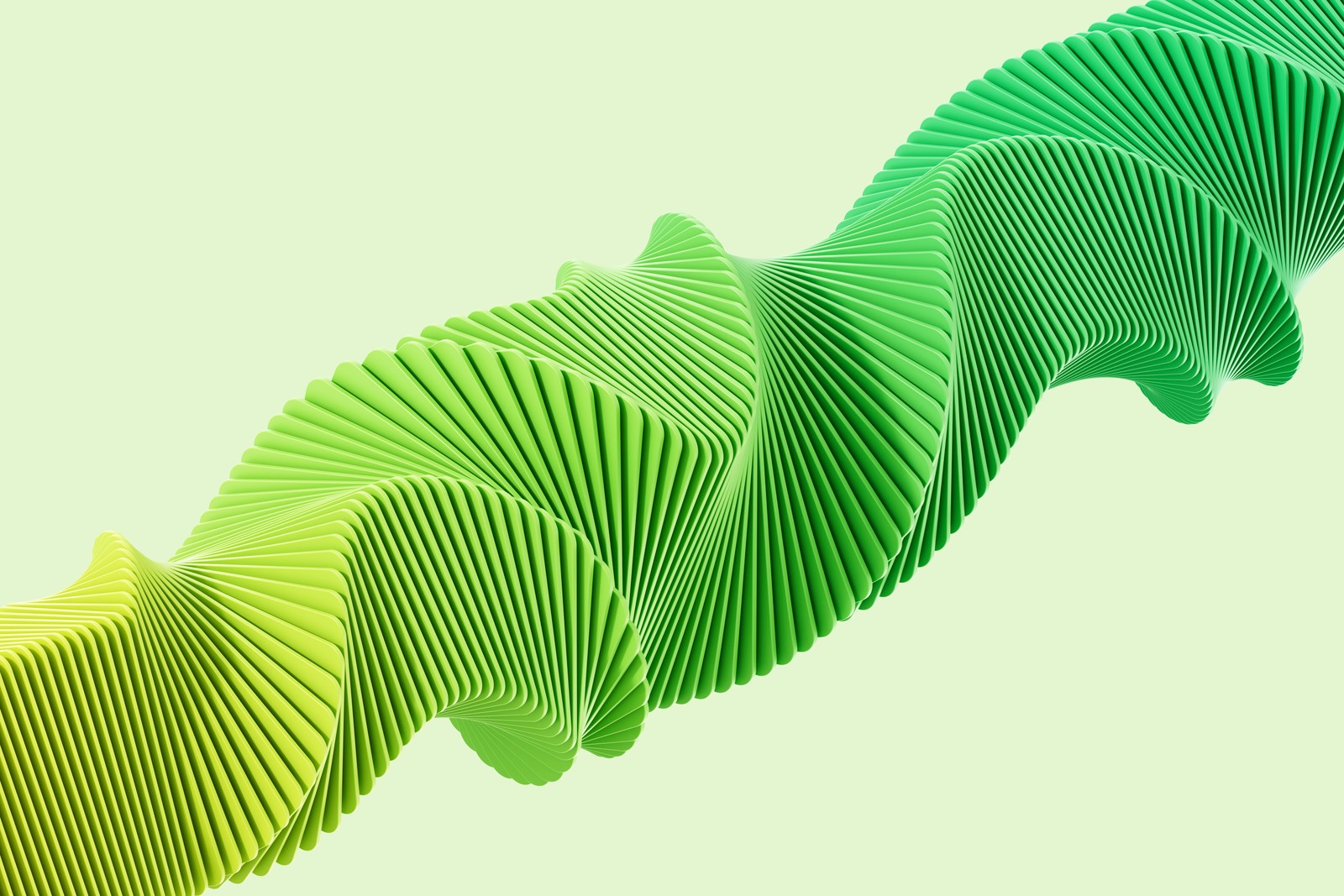 There is a green wave of folded paper on a white background (realme pad 2, stock, spiral, 3d shapes, hypnosis)