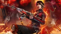 Personnage féminin dynamique dans Garena Free Fire avec AK-47 et arrière-plan enflammé