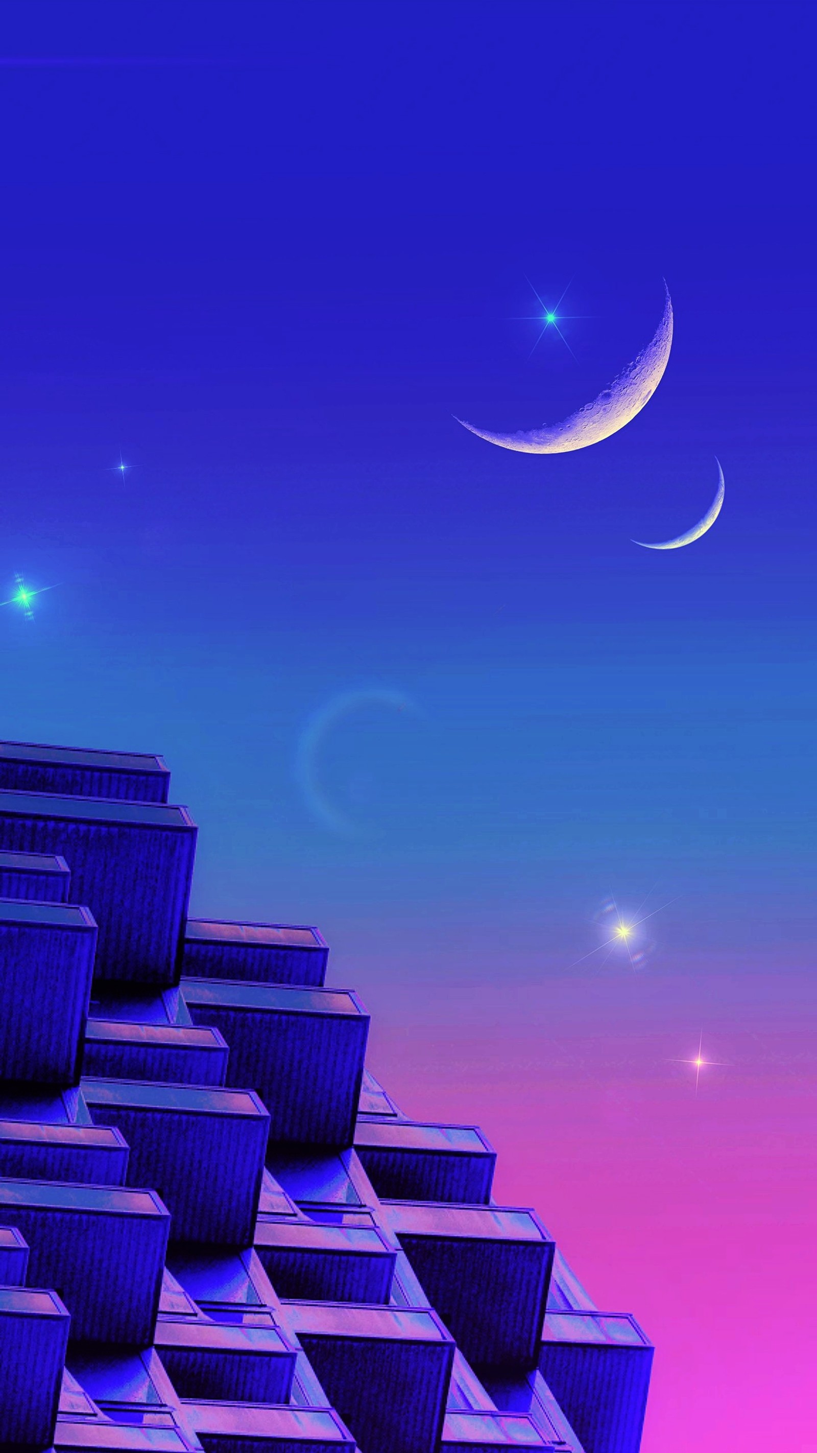 Hay una imagen de un edificio con una luna en el cielo (ciudad, vaporwave, evento, objeto astronómico, creciente)