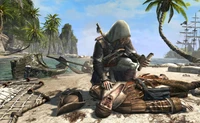 Edward Kenway em ação furtiva em uma costa tropical em Assassin's Creed III