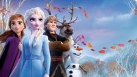 Póster de la película "Frozen 2": Elsa, Anna, Kristoff, Olaf y Sven en un paisaje otoñal mágico