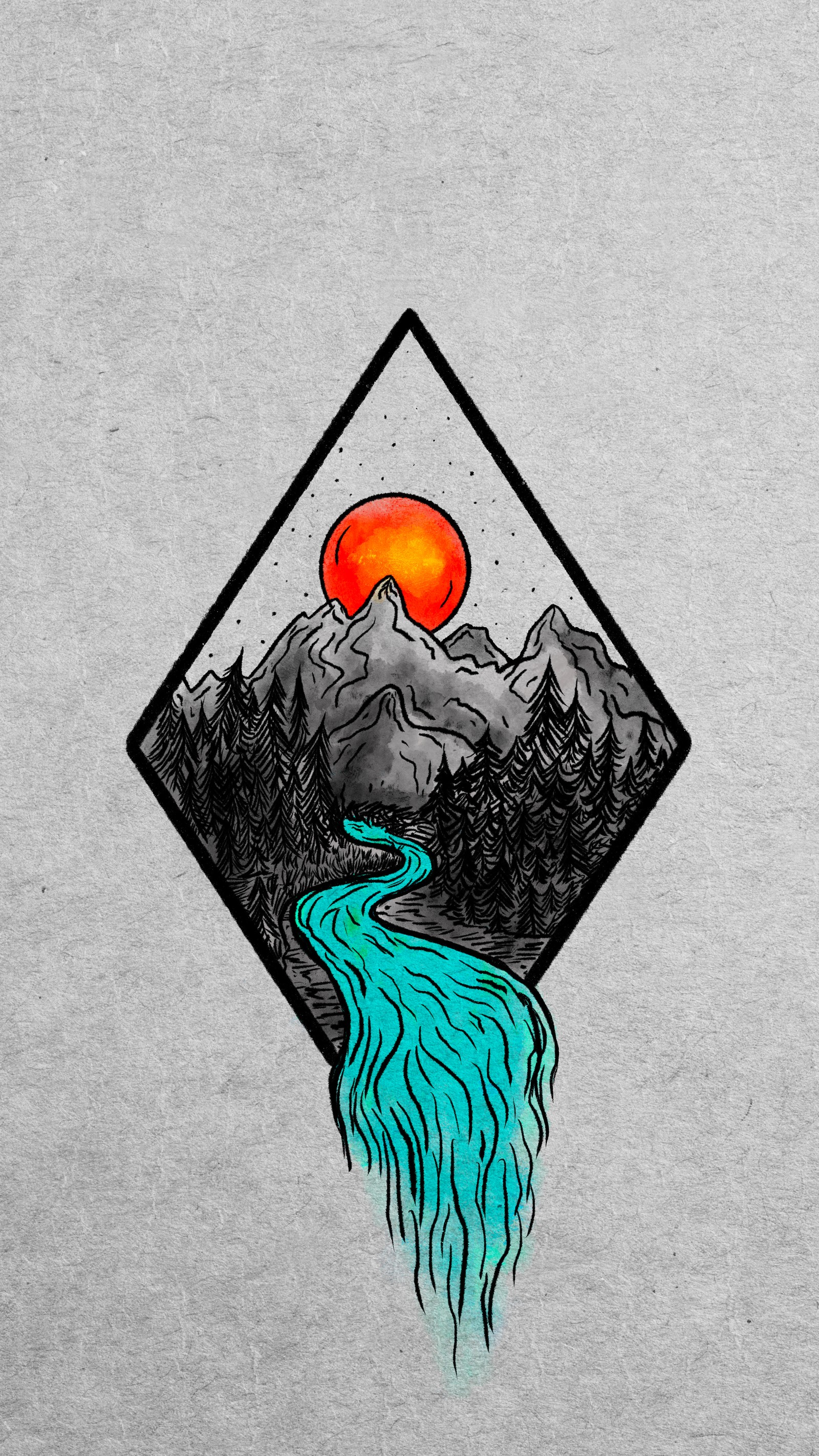 A drawing of a mountain with a river in the middle (graphic design, gesture, rectangle, art, triangle)