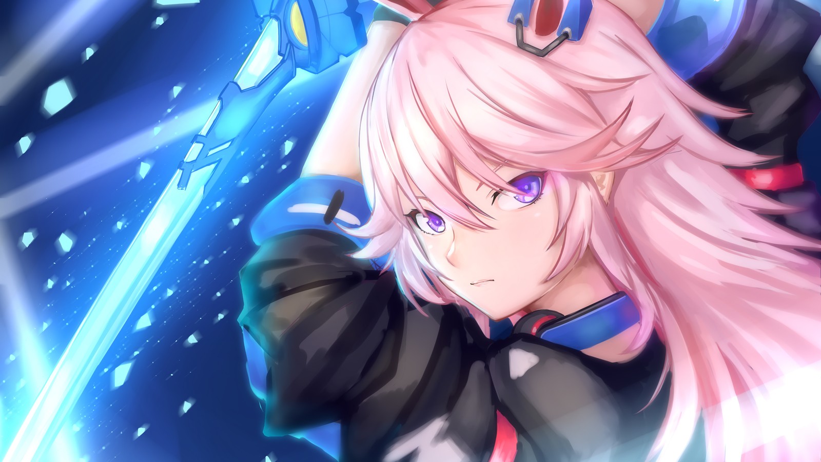 Un gros plan sur une personne aux cheveux roses et un fond bleu et blanc (filles danime, anime, cheveux roses, yae sakura, honkai impact 3rd)