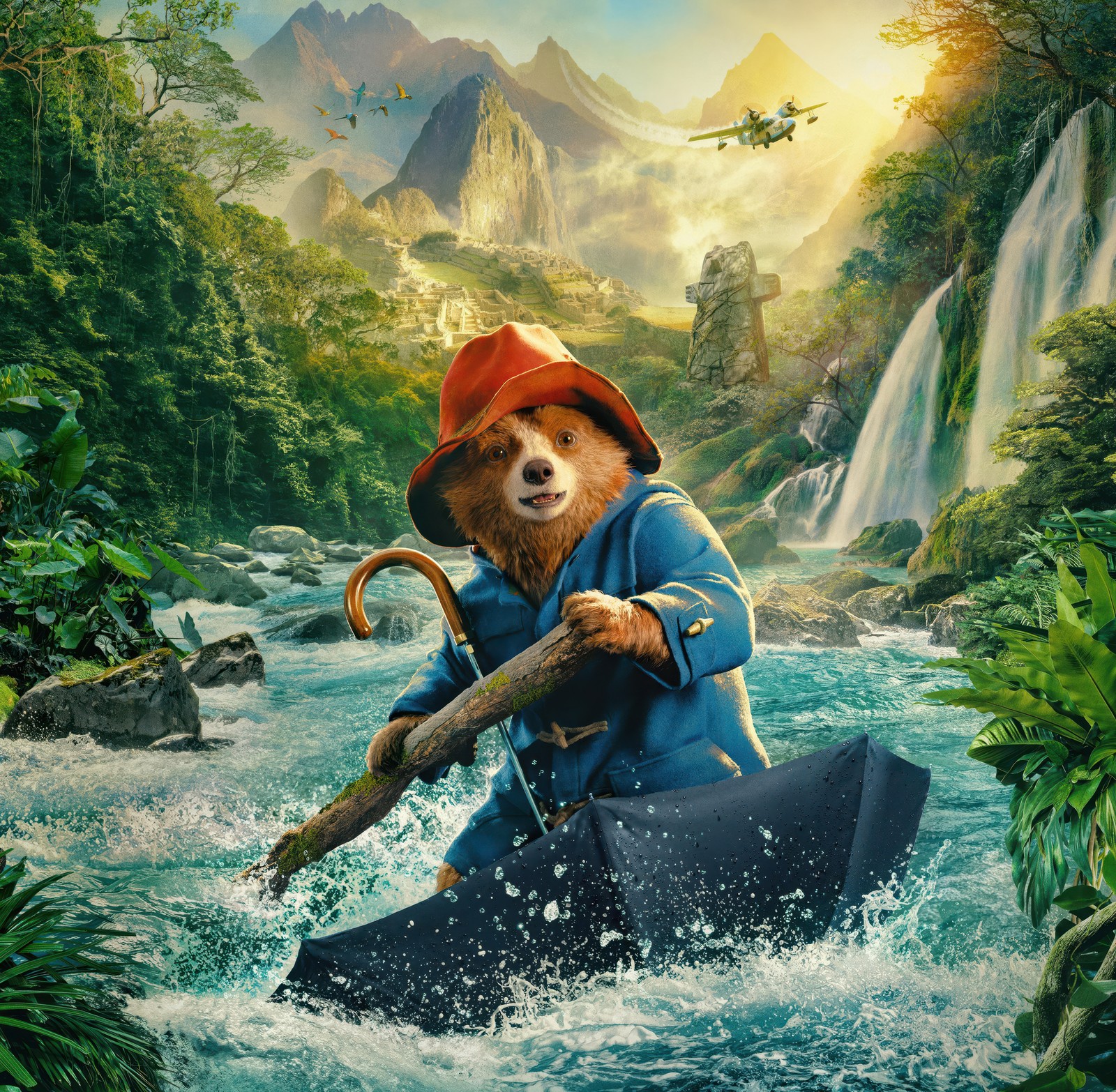 Медведь держит палку в воде (paddington in peru, 2024 фильмы, 5k, кино, обои 4k)