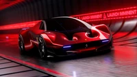 Futuristischer Ferrari-Hypercar in einer auffälligen roten Ästhetik, vor einem dynamischen, beleuchteten Hintergrund.