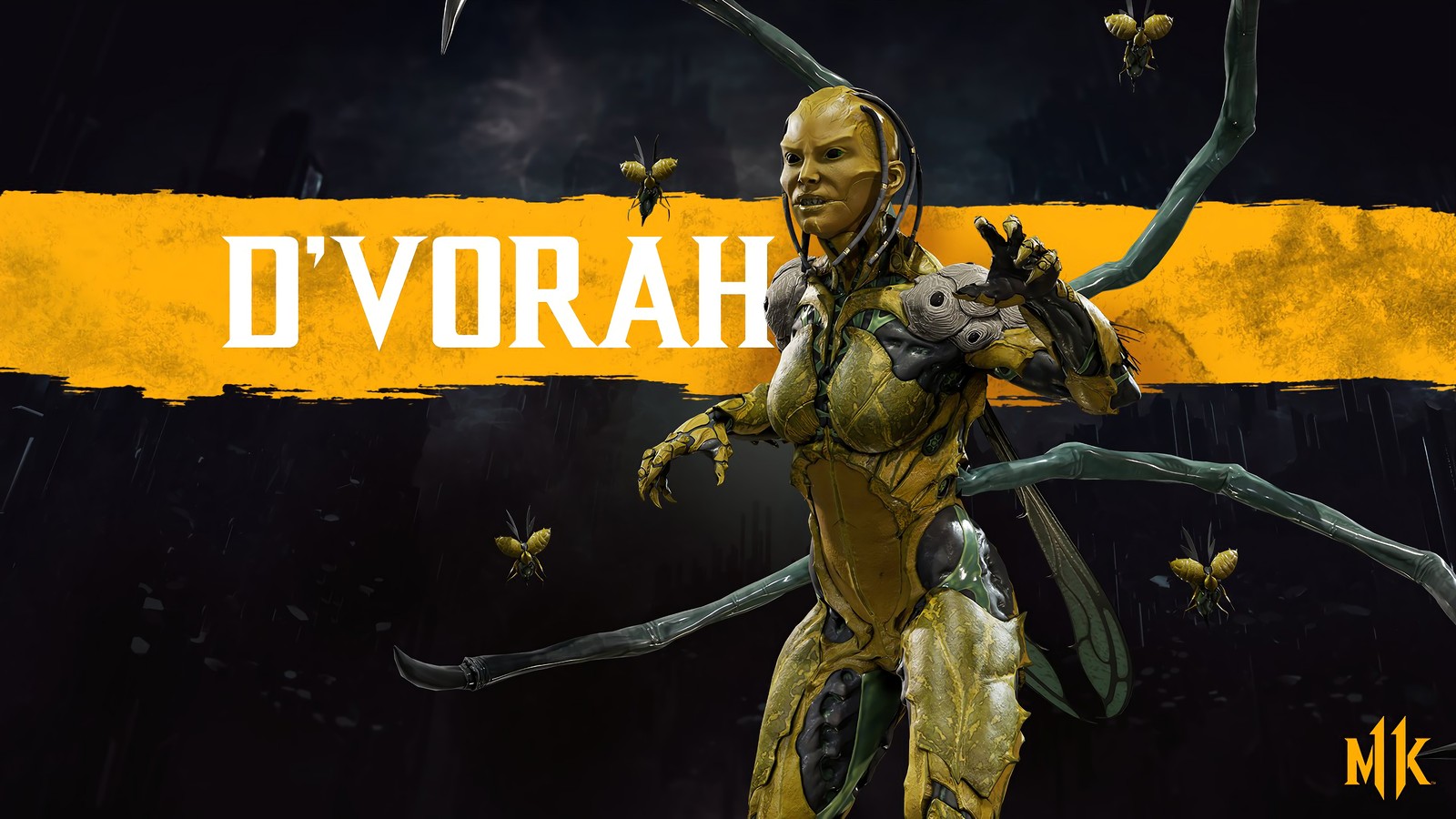 Женщина в желтом наряде с ножом в руке (дворох, mortal kombat 11, видеоигра)