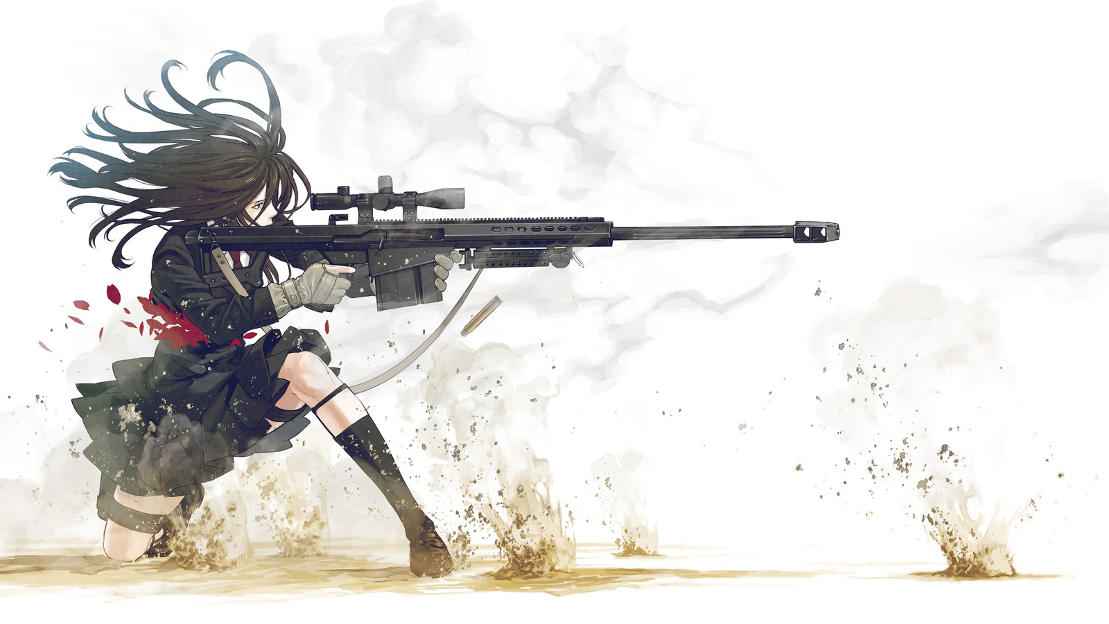 Anime-mädchen mit gewehr und gewehr in der wüste (anime, mädchen, scharfschützengewehr)