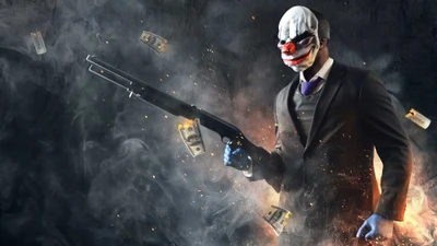 Клоун-суперзлодей в костюме с дробовиком среди денег и дыма - Артворк Payday 2