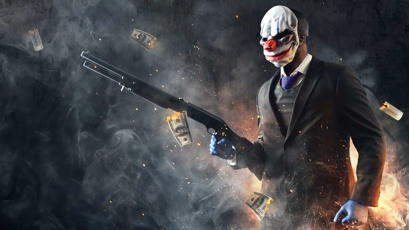 Мужчина в костюме с оружием и деньгами (пейдэй 2, payday 2, пар, pc game, суперзлодей)