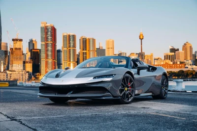 Ferrari SF90 Spider Assetto Fiorano: Un impresionante supercoche contra el horizonte de la ciudad al atardecer