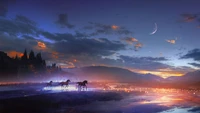 sunset, horse, scenery, digital art, animals wallpaper