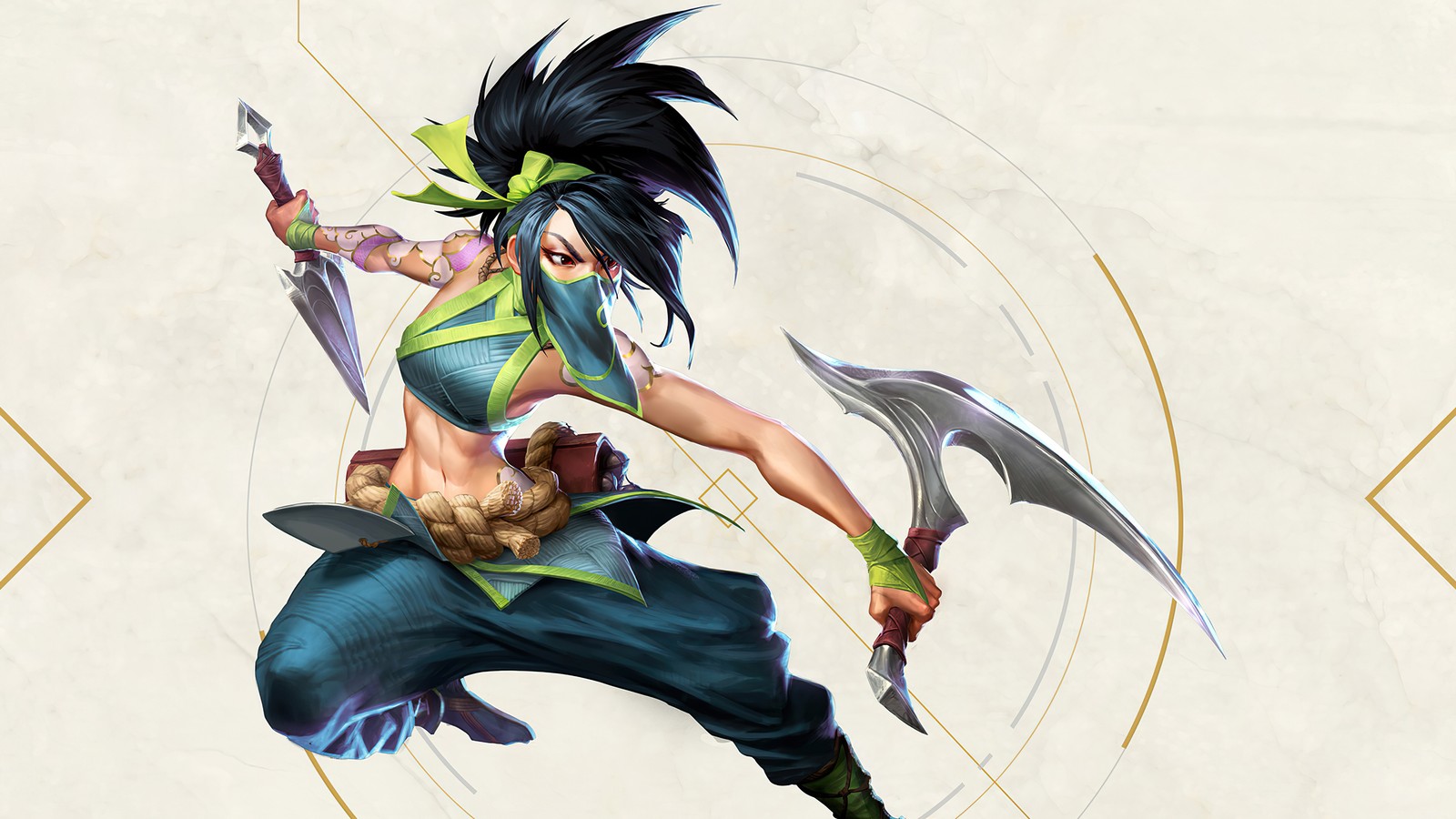 Eine frau mit einem schwert und einem grünen outfit springt (akali, league of legends, lol, videospiel)