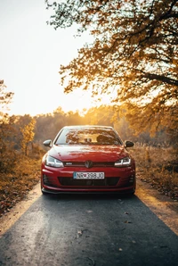 Coche deportivo rojo en un pintoresco camino de otoño