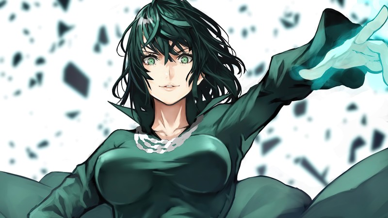 Женщина в зеленом платье держит голубой шар (фубуки, fubuki, one punch man, аниме, anime)