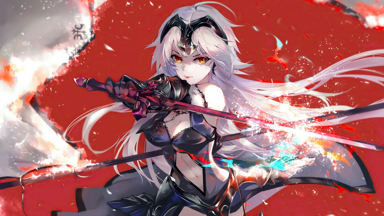 Une femme avec de longs cheveux blancs tenant une épée et un fond rouge (fategrand order, fate grand order, fgo, jeu vidéo, série fate)