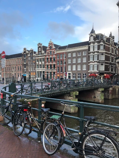 Bicycles parked by a canal in Amsterdam, surrounded by historic buildings under a winter sky.