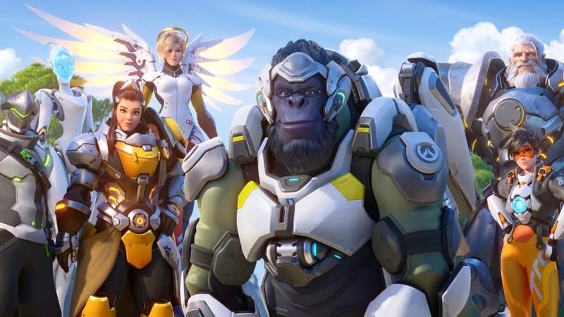 Группа людей в игре с гигантской гориллой (overwatch 2, видеоигра, overwatch, группа, персонажи)