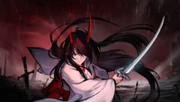 Acheron from Honkai Star Rail wielding a sword against a dark, stormy backdrop.