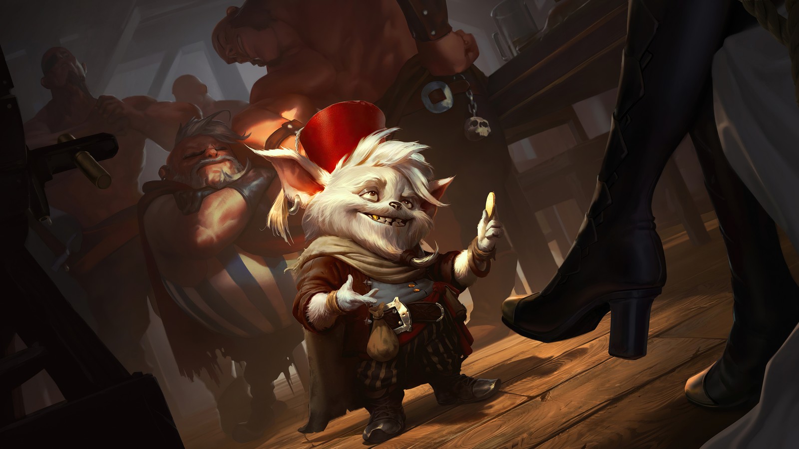 Une image de dessin animé d'un troll avec un chapeau rouge et un couteau (yordle grifter, legends of runeterra, jeu vidéo)