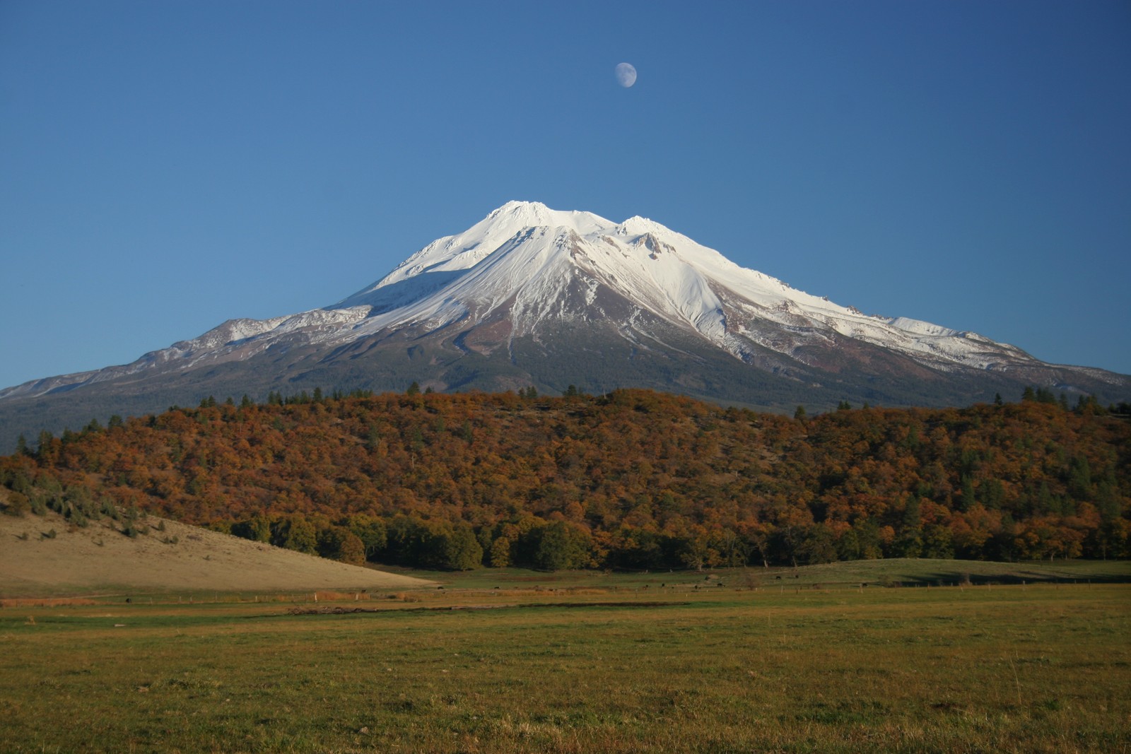 Montagne avec un sommet enneigé au loin (volcan, formes montagneuses, montagne, stratovolcan, hauts plateaux)