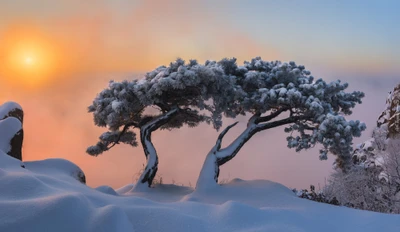 Pinheiros cobertos de neve se erguem majestosos contra um amanhecer colorido, cercados por uma paisagem invernal tranquila.