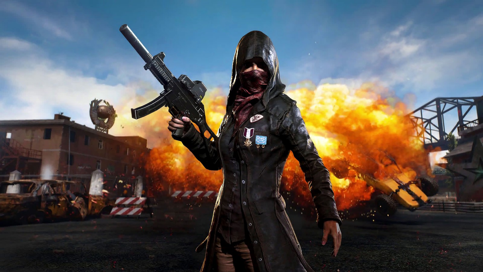 A person in a black jacket holding a gun and a gun (pubg, rifle, explosion, playerunknowns battlegrounds, video game)