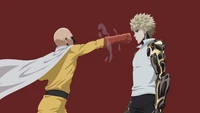 Saitama Delivering a Powerful Punch to Genos in a Minimalist Anime Style