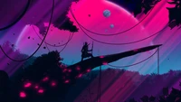 Vibrant Cosmic Jungle: A Silhouette Amidst Neon Skies and Celestial Bodies