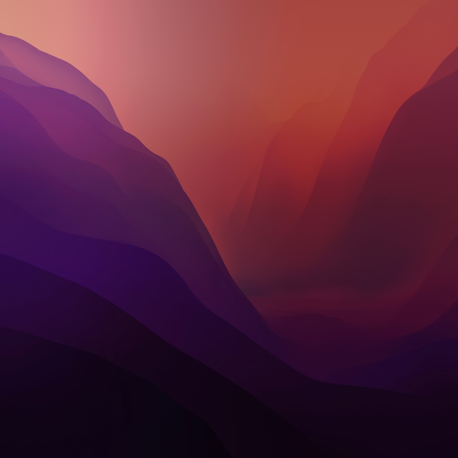 Purple mountains with a sunset in the background (macos monterey, layers, stock, red, dark mode)