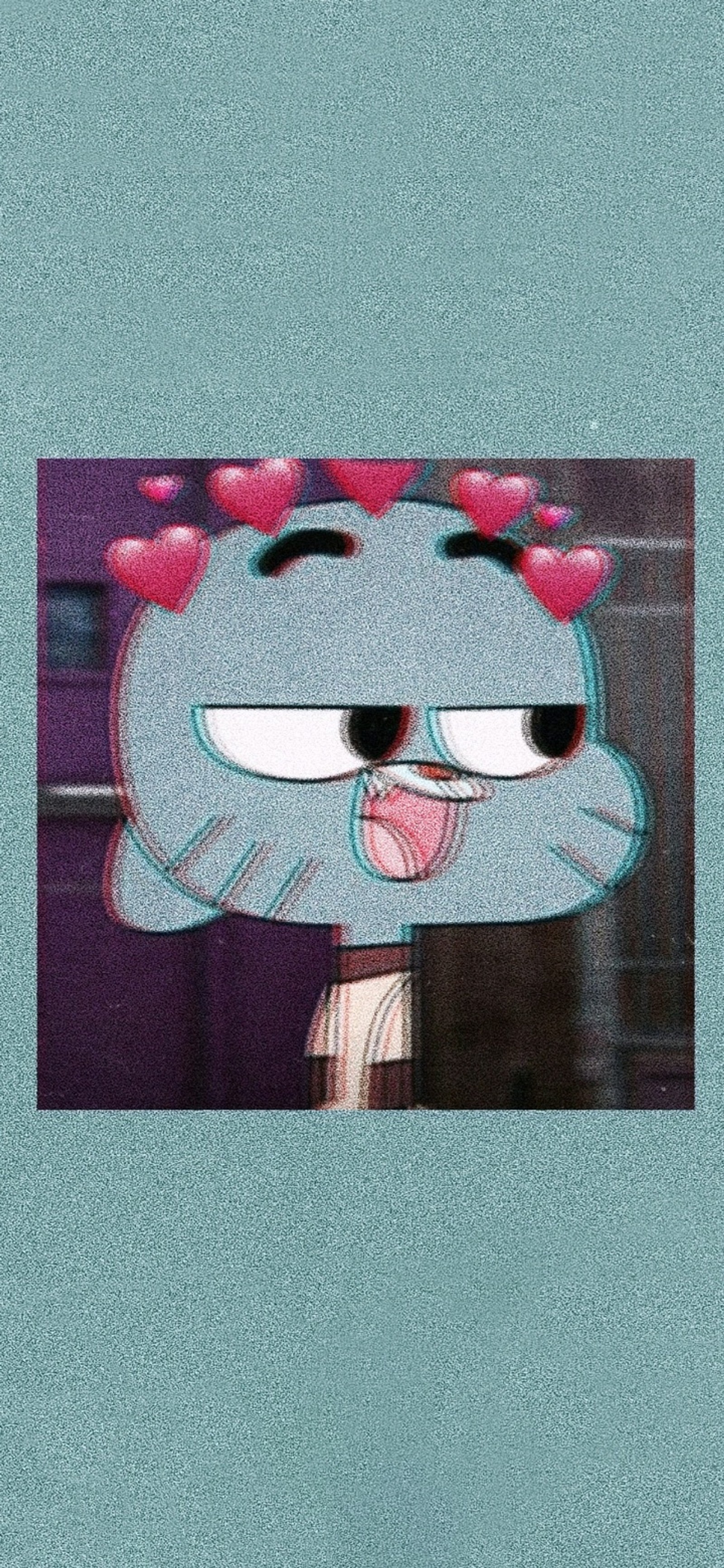 Un primer plano de un personaje de dibujos animados con corazones en la cabeza (gumball, amor)