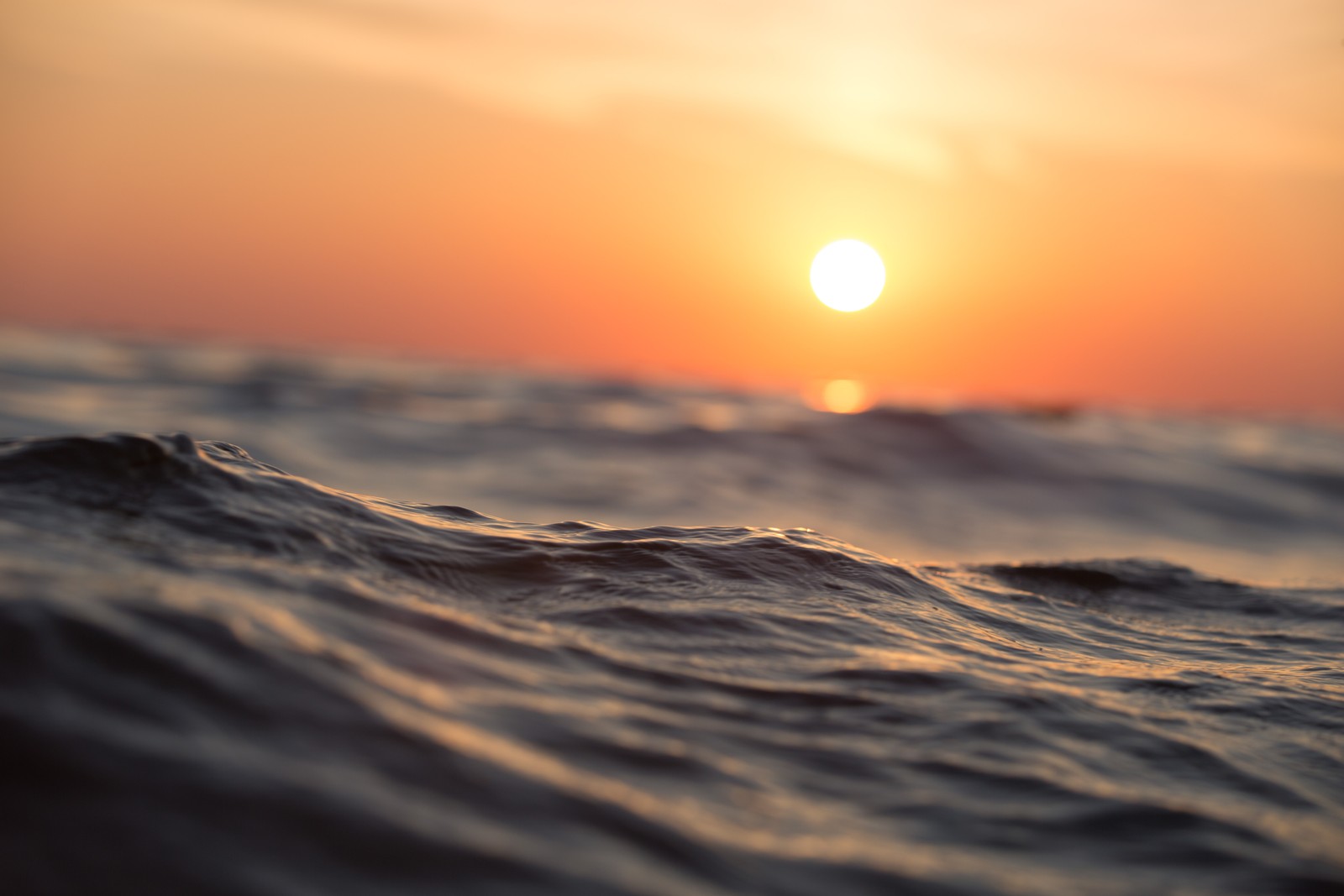 A close up of a sunset over the ocean with a wave (ocean, sea)