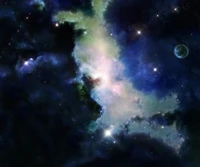 Nebulosa cósmica con estrellas y planetas