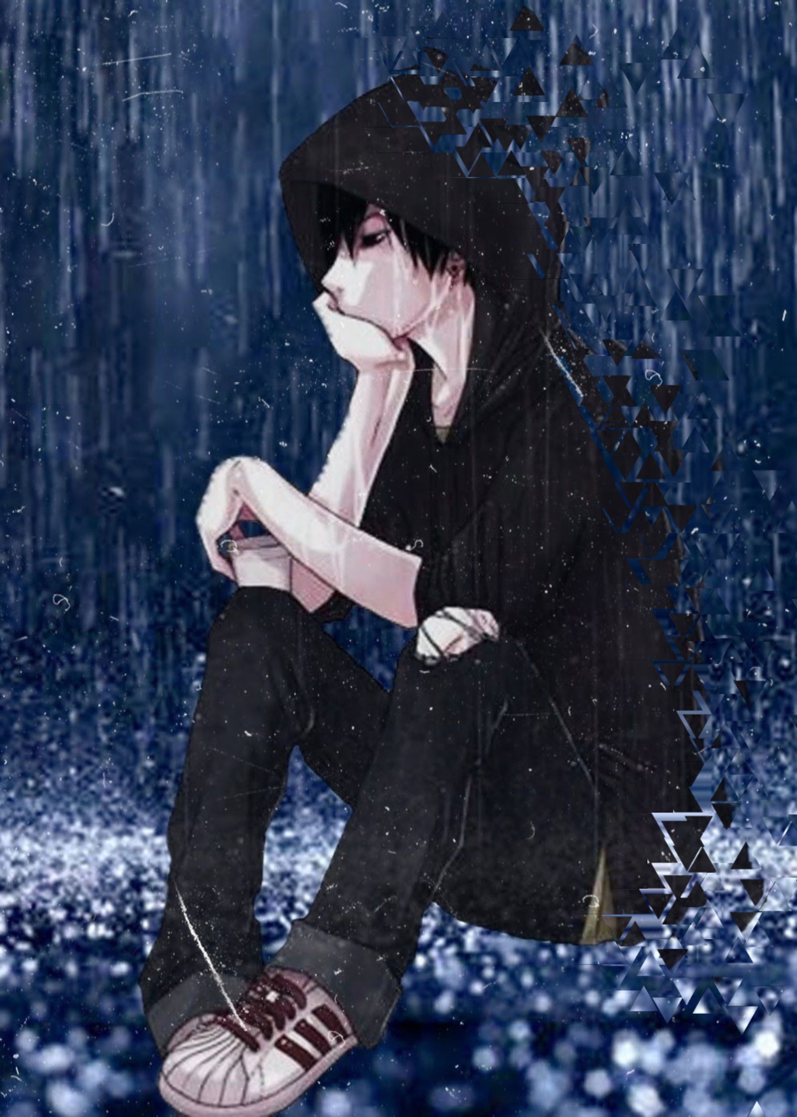 Anime boy sitting in the rain with his head down (anime, boy, like, sad, save)